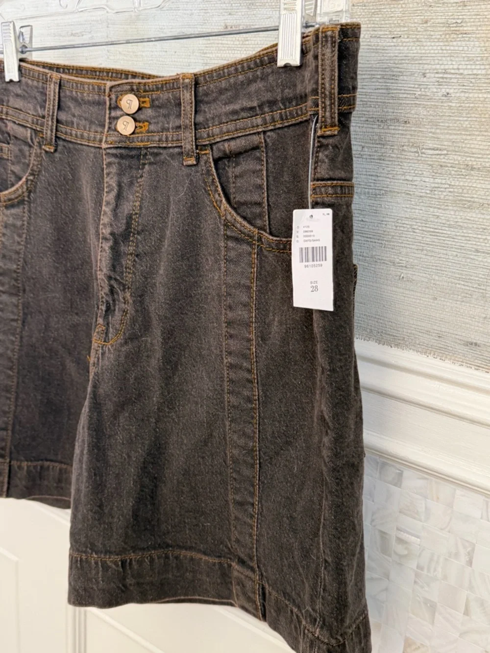 NWT new 28 Anthropologie pilcro seamed long denim jean shorts black gray gold - Picture 7 of 17
